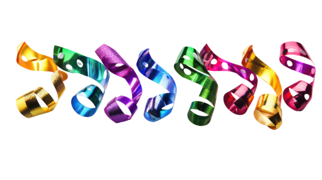 Colorful metallic streamers twisted and curled isolated on transparent background