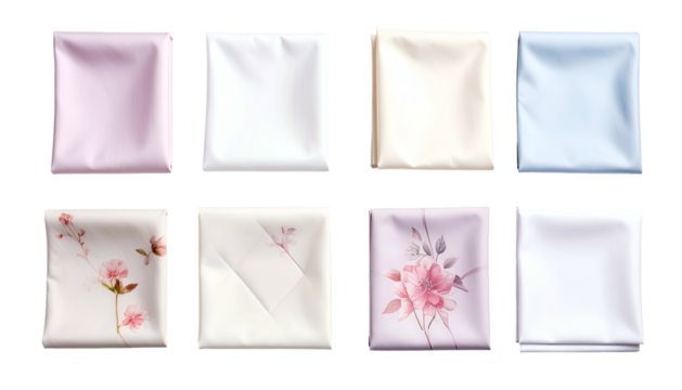 Stacked folded textiles, subtle colors, floral patterns, soft texture