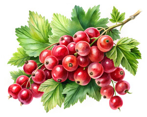 Red berries on green leaves watercolor on white background