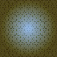 Abstract seamless hexagonal grid with a honeycomb pattern and a central blue glow on a dark olive green background