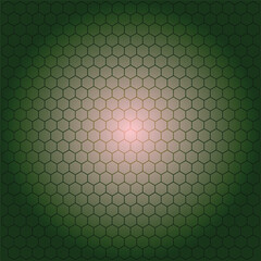 Abstract green hexagonal grid creating a honeycomb pattern background with a glowing center and dark vignette
