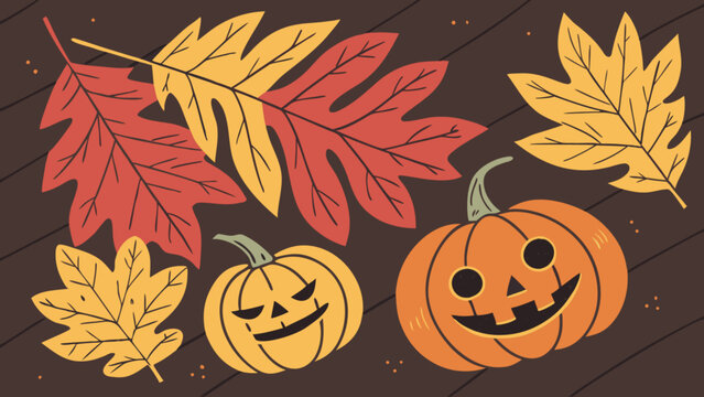 A festive autumn scene featuring pumpkins with spooky faces and colorful fall leaves, perfect for halloween and thanksgiving celebrations