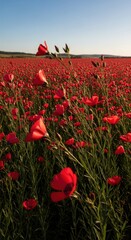 Vibrant Red Flax Flowers Blooming in a Field on a Sunny Day Scenery