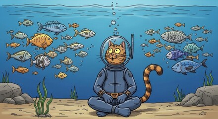 A whimsical feline explorer in a diving suit amid the underwater world
