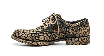 A single cracked leather dress shoe with laces on a white background in a studio setting