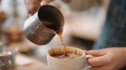 Person's hands pouring coffee from a stainless steel pitcher into a white mug. the mug is placed on a wooden table with a blurred background.
