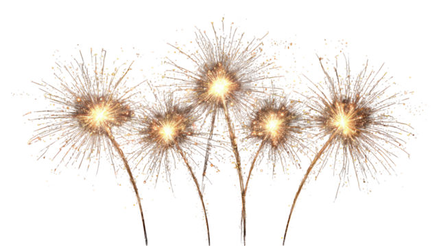 Golden sparkler fireworks bursting in the night sky isolated on transparent background