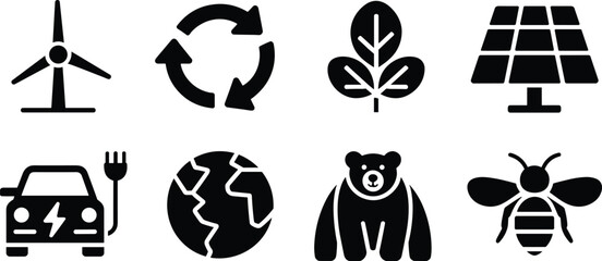 Obraz premium Ecology and Conservation Vector Icon Set - Environment Sustainability and Wildlife Glyphs