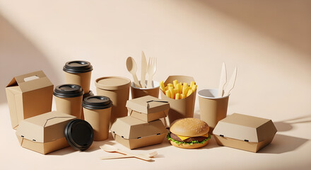 Food Packaging Disposable Containers Takeaway Boxes Brown Kraft Copy Space