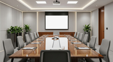 Sleek, modern conference room with a large, polished wooden table and comfortable ergonomic chairs. A crisp, blank projection screen or large monitor is at the head of the table. Soft, even lighting  