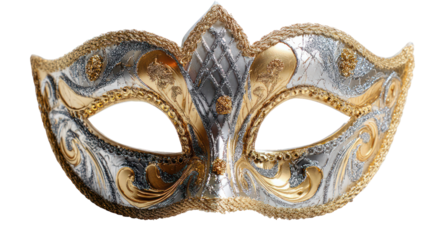 Ornate venetian masquerade mask with gold and silver accents isolated on transparent background