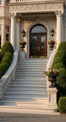 Elegant mansion entrance featuring stairs and refined landscape design