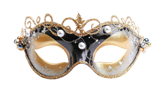 Ornate golden masquerade mask with crown and jewels isolated on transparent background