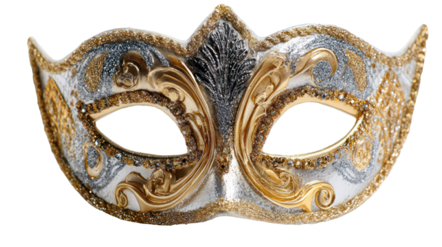 Ornate venetian masquerade mask with gold and blue swirls isolated on transparent background - Powered by Adobe