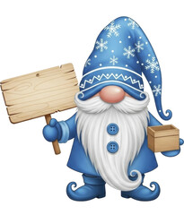 Cute Christmas Winter Gnome Holding Blank Wooden Sign and Box on a Transparent Background PNG image PNG file