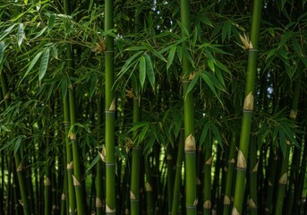Serene bamboo forest, vertical green stalks and lush leaves, natural texture