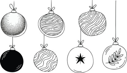 Hand-drawn Christmas ornament set. Minimalist line art collection of hanging baubles. Black and white doodle vector icons