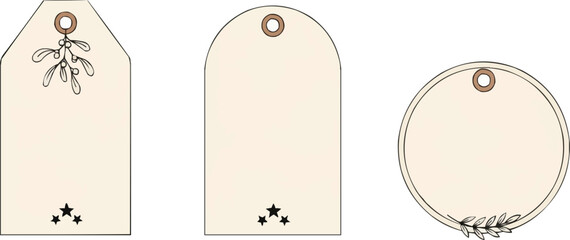 Minimalist Christmas gift tag set with botanical mistletoe illustrations, blank vector label templates for holiday packaging and DIY crafts