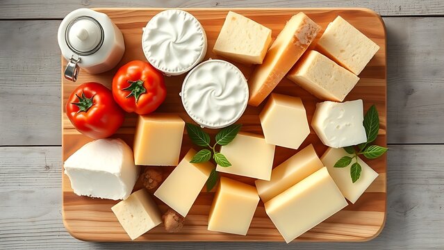 Assorted dairy products arranged neatly on a wooden surface, showcasing freshness and variety.