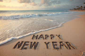 "Happy New Year" Written in the Sand on a Beautiful Tropical Beach at Sunrise - Winter Getaway Celebration