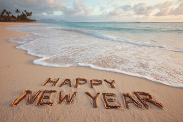 "Happy New Year" Written in the Sand on a Beautiful Tropical Beach at Sunrise - Winter Getaway Celebration