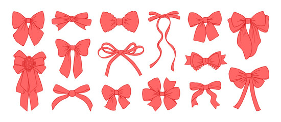 Vintage ribbon bow set Christmas decoration. Xmas gift red bow knot doodles. Coquette beauty valentine romantic aesthetic. Cute retro tied ribbons isolated. Hand drawn cartoon vector illustration.