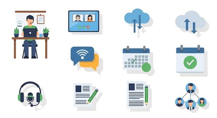 Illustration of online meeting, cloud storage, calendar, and organizational chart icons on white