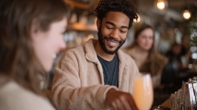 Young man with dreadlocks and a beard, wearing a beige jacket, sitting at a bar counter and smiling at a woman who is standing in front of him.