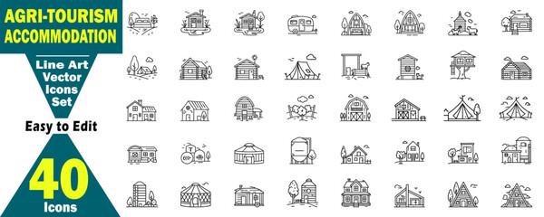 Agritourism Accommodation Vector Icon Set. Line Art Farm Stays Vacation. Lodging Rural Hotels, Countryside Escapes, Sustainable Tourism Guest Houses, Cottages and Cabins Outbuildings. 