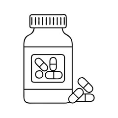 A black and white line drawing of a medicine bottle with pills inside and scattered outside