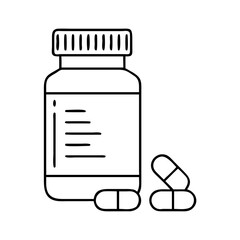 A black and white line drawing of a medicine bottle with pills scattered outside