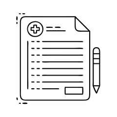 A minimalist line drawing of a medical document with a checklist and a pen, featuring a health cross symbol, isolated on a, signifying healthcare and patient care