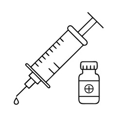 A simple line art illustration of a medical syringe with a drop of liquid falling from its needle, next to a small vial with a plus symbol on its label