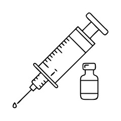 A simple line art illustration of a medical syringe with a drop of liquid falling from its needle, next to a small vial with a plus symbol on its label