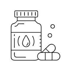 A line art icon of a medicine bottle with a drop symbol and two capsules, isolated on a, representing pharmaceuticals and treatment