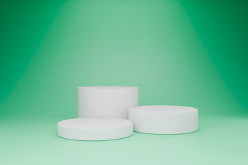 The white cylindrical pedestals are displayed statically on a green background