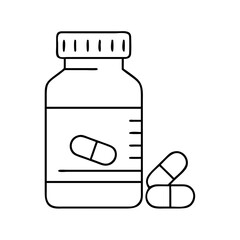 A line art illustration of a pill bottle with several capsules, isolated on a, signifying medication and health management