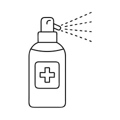 A black and white outline illustration of a spray bottle with a cross symbol