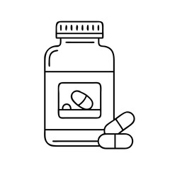 A black and white outline illustration of a medicine bottle with pills