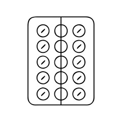 A black and white outline illustration of a blister pack of pills