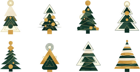 Modern geometric Christmas tree set. Abstract minimalist gold and green holiday vector illustration collection.
