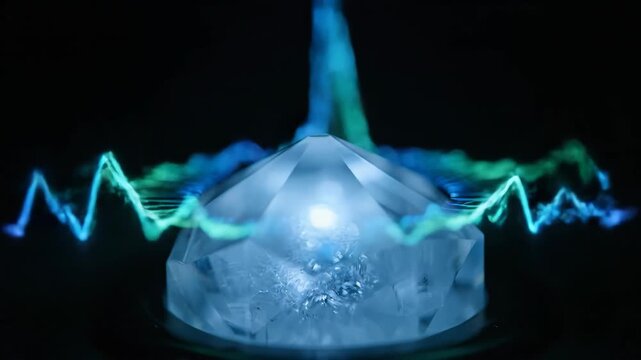Abstract crystal with digital energy aura in dark background