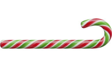 Classic red green and white striped candy cane on a transparent background, PNG image
