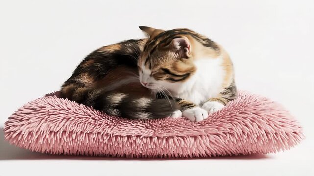 A domestic cat with tortoiseshell fur sleeps peacefully on a soft, fluffy pink pet bed, highlighting domestic comfort and tranquility.