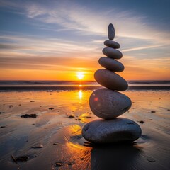 Zenithal serenity: Stones stacked in balance, witnessing the sun's gentle descent over the calm