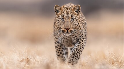 Fototapeta premium Leopard Walking Through Dry Savannah Grass in Golden Light