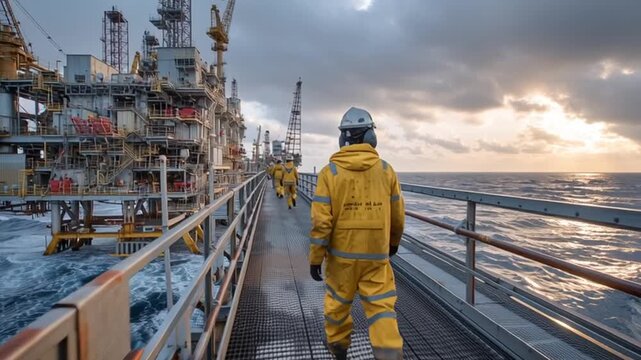 Industrial Offshore Journey: Workers in protective gear traverse a walkway on an offshore platform. The imposing structure looms against a moody, cloud-filled sky. 