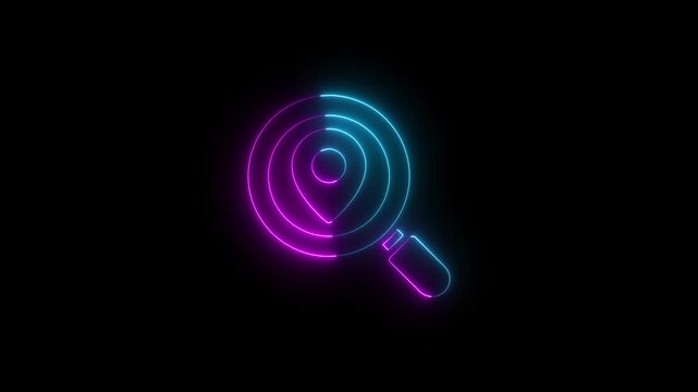 Abstract location glowing neon icon fast tracking map pin icon animation on black background. location icon animation road direction sign navigation map position pointer address tracking travel .
