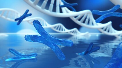 Naklejka premium X chromosome against the background of DNA. Chromosomes and DNA. 3D rendering