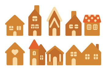 Colorful gingerbread houses arranged in a playful layout showcasing various decorations and styles